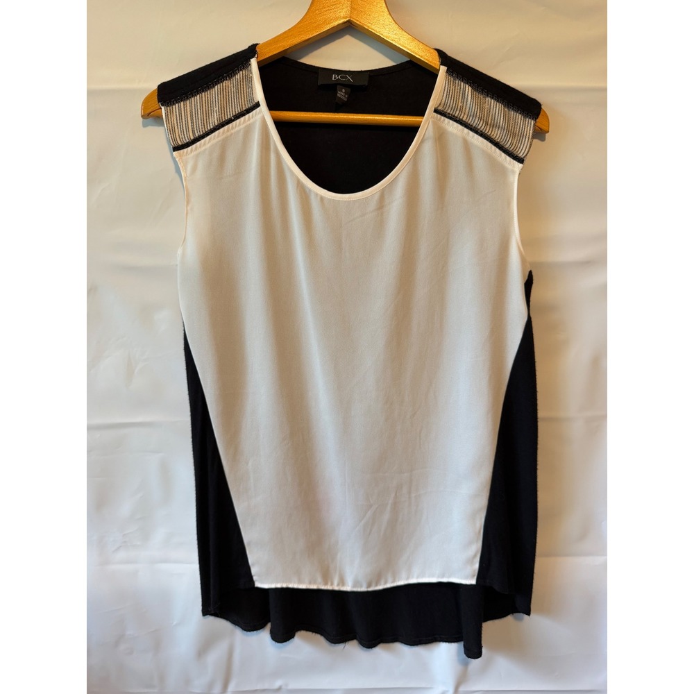 BCX Womens Small Colorblock Sleeveless Top Chain Mesh Shoulder Black White
